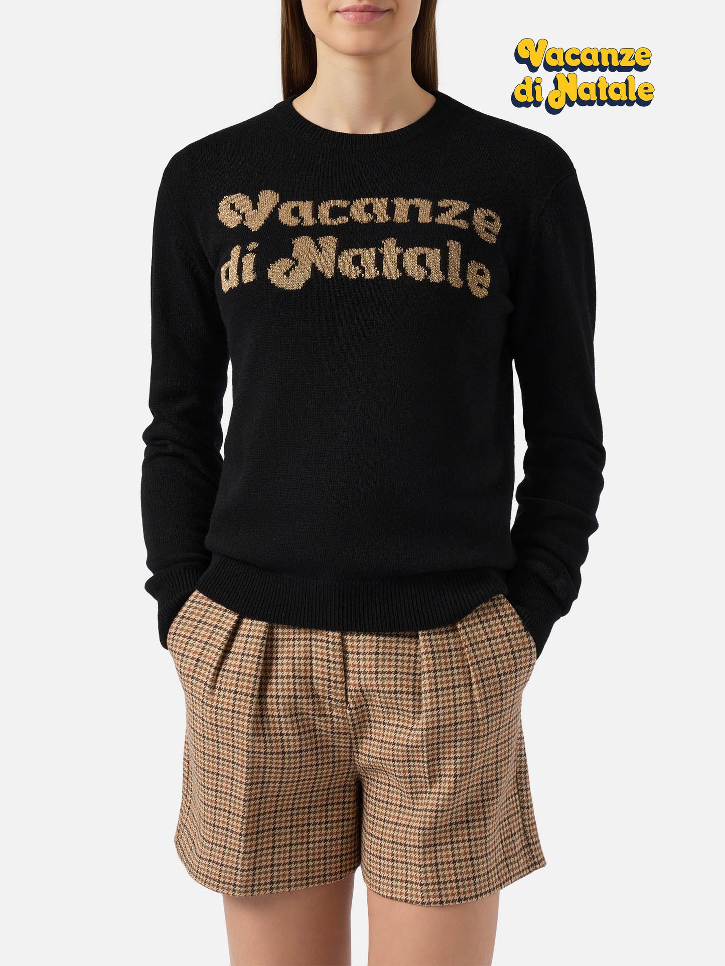 New Queen-Pullover aus Kaschmirmischung in Schwarz mit Vacanze di Natale-Jacquard | VACANZE DI NATALE SONDERAUSGABE