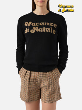 New Queen-Pullover aus Kaschmirmischung in Schwarz mit Vacanze di Natale-Jacquard | VACANZE DI NATALE SONDERAUSGABE