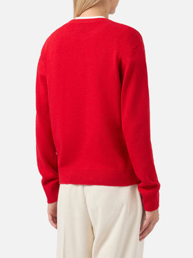 Neuer Queen-Pullover aus Kaschmirmischung in Rot mit Fatemi Santa Jacquardmuster