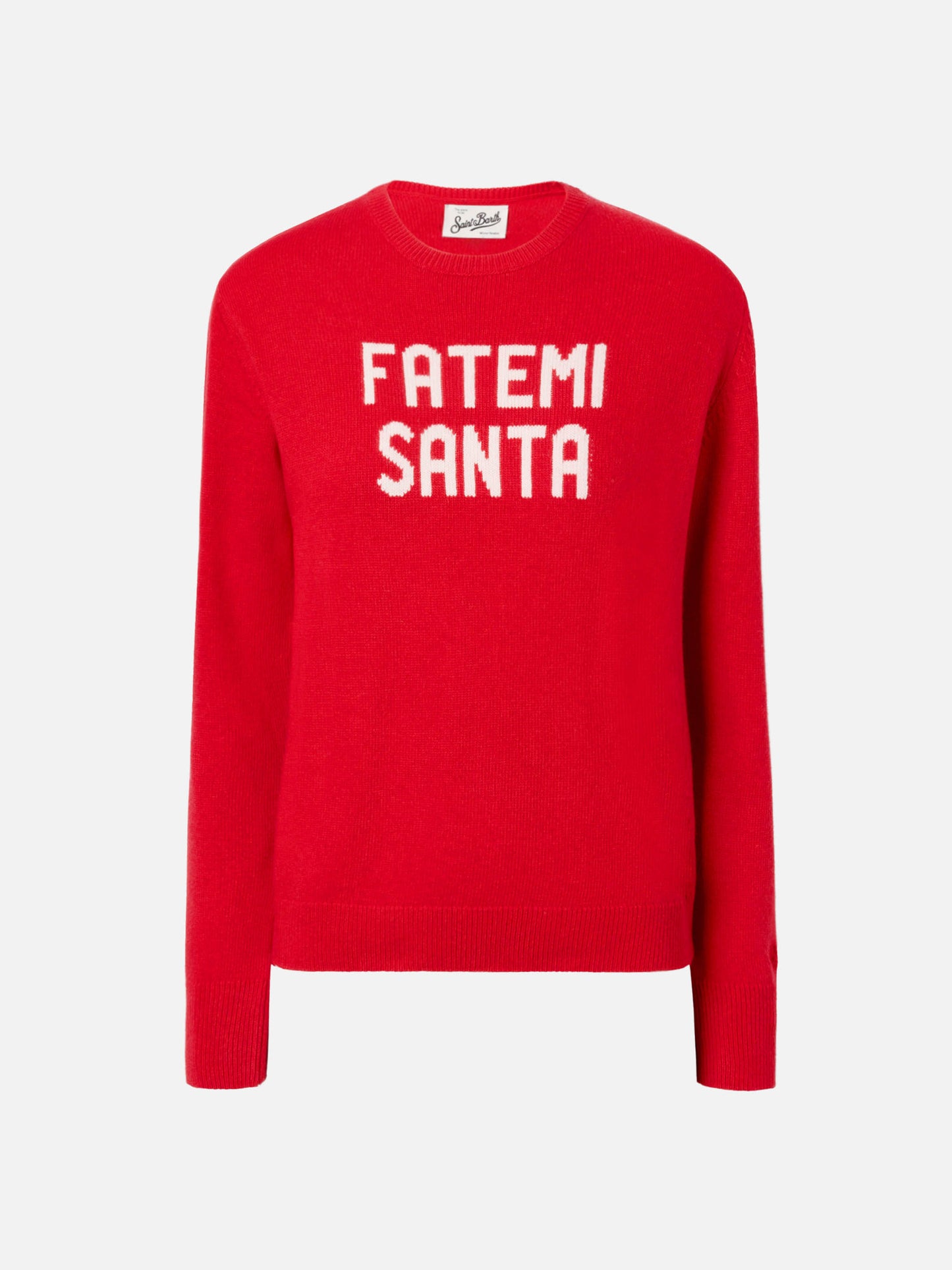 Neuer Queen-Pullover aus Kaschmirmischung in Rot mit Fatemi Santa Jacquardmuster