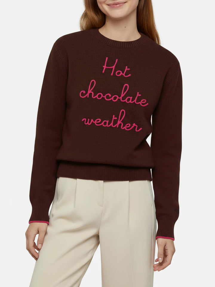 Maglione marrone New Queen con ricamo Hot Chocolate Weather