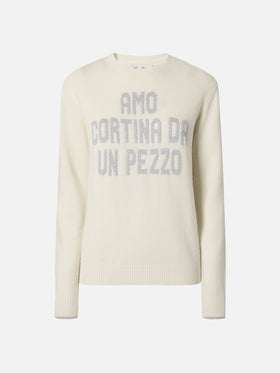 New Queen crewneck in white with Amo Cortina da un pezzo lurex jacquard