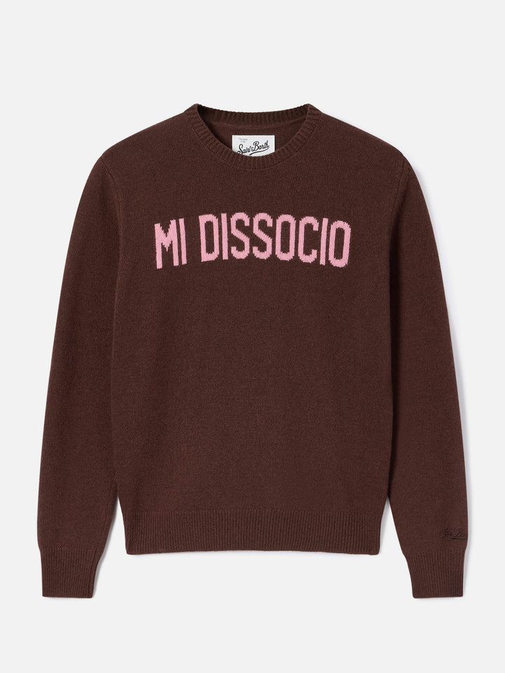 Maglia girocollo New Queen marrone con ricamo Mi Dissocio