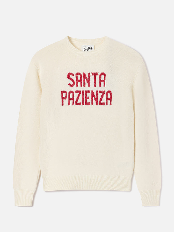 Off white New Queen crewneck knit with Santa Pazienza lurex embroidery