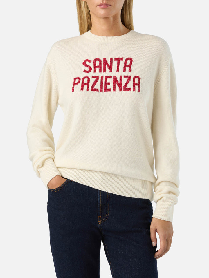 Off white New Queen crewneck knit with Santa Pazienza lurex embroidery