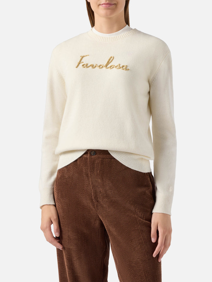 New Queen cashmere-blend sweater in white with Favolosa lurex embroidery