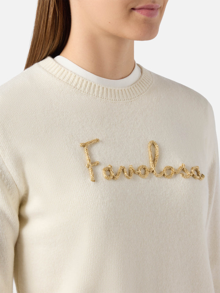 New Queen cashmere-blend sweater in white with Favolosa lurex embroidery