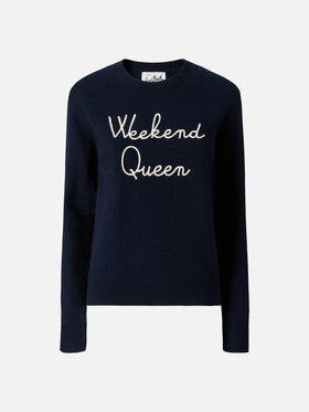 Maglione New Queen in misto cashmere blu con ricamo Weekend Queen
