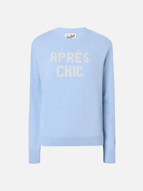 Maglione New Queen in misto cashmere azzurro con jacquard Après Chic