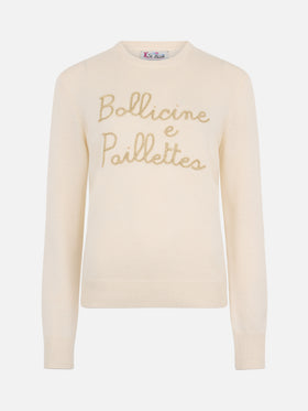 Woman beige sweater New Queen with Bollicine sequins embroidery