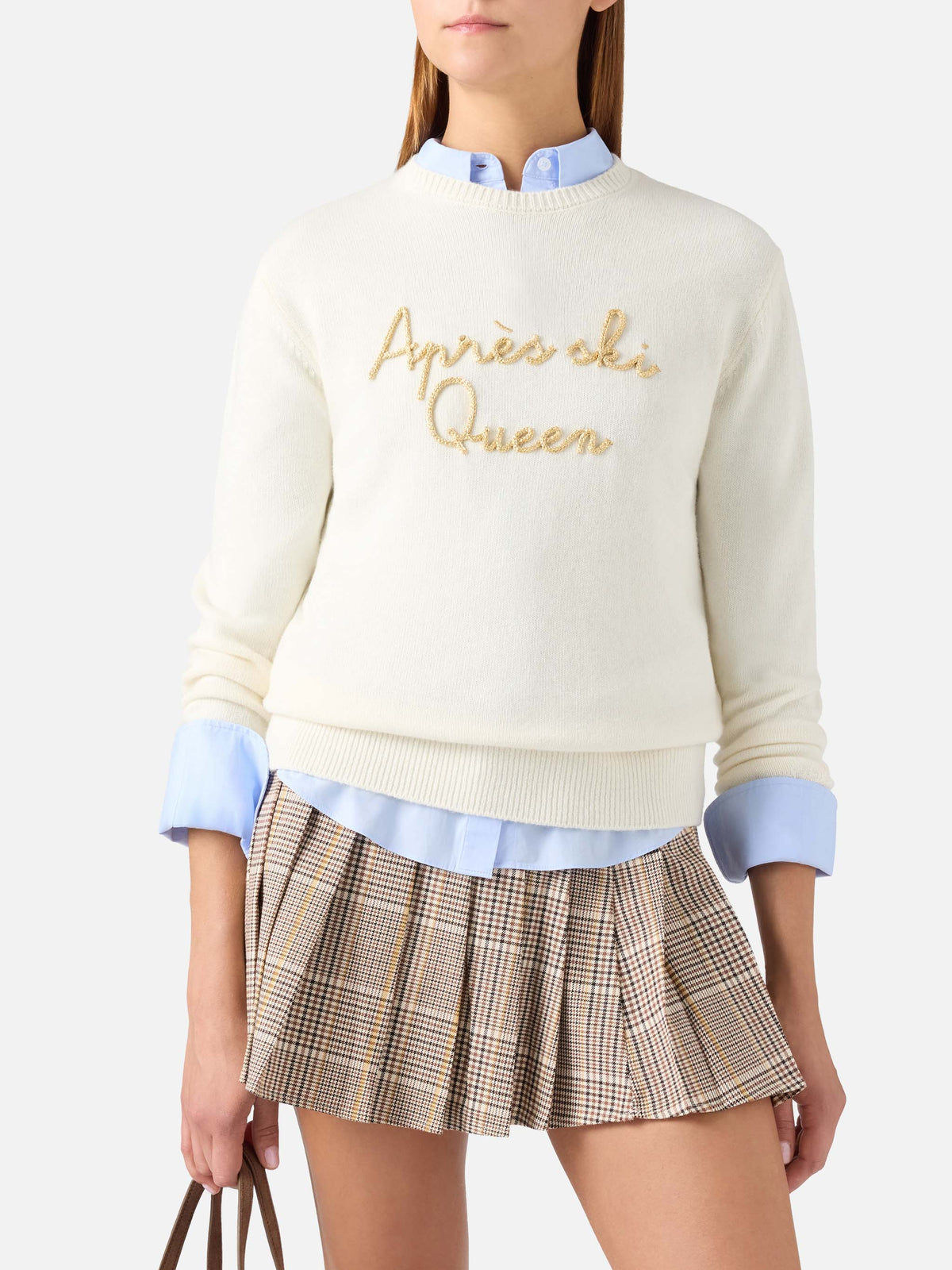 Jersey de punto de cuello redondo New Queen en blanco roto con bordado Après Ski Queen 