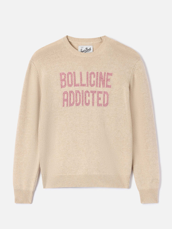 Pull col rond en maille New Queen beige avec broderie lurex Bollicine Addicted 