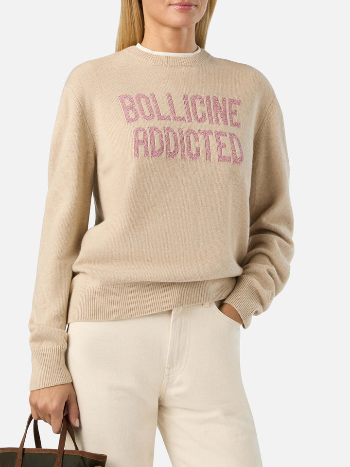 Pull col rond en maille New Queen beige avec broderie lurex Bollicine Addicted 