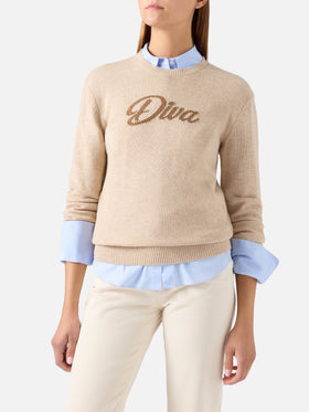 Pull en maille à col rond Beige New Queen avec broderie en strass Diva 