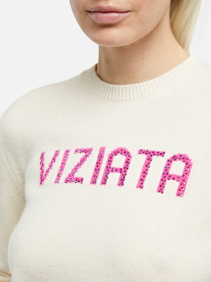 Woman white sweater New Queen with Viziata jacquard with rhinestones - MC2 Saint Barth