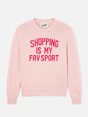 Rosa New Queen Rundhals-Strickpullover mit „Shopping Is My Fav Sport“-Stickerei 