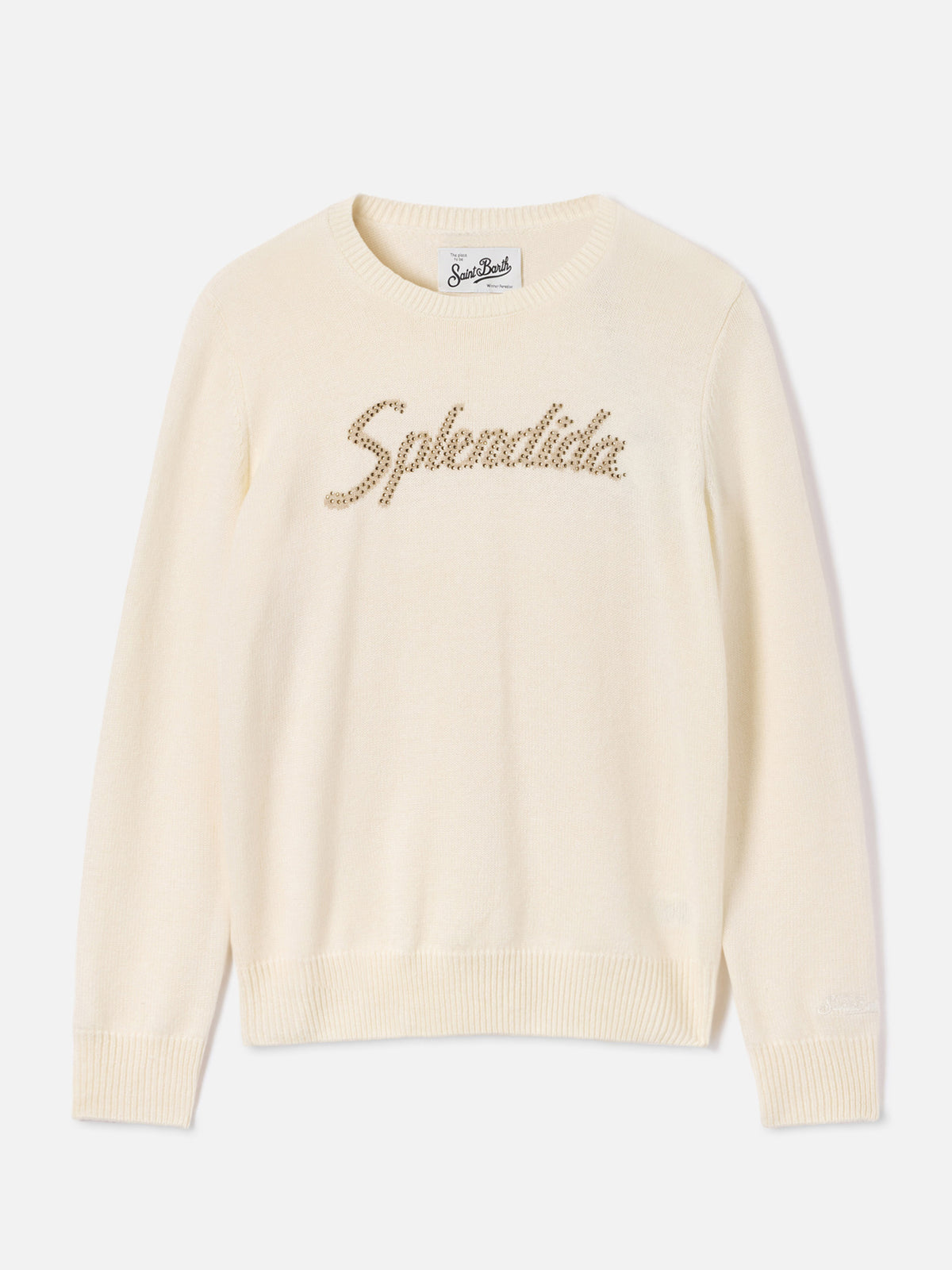 Off white New Queen crewneck knit with Splendida rhinestone embroidery