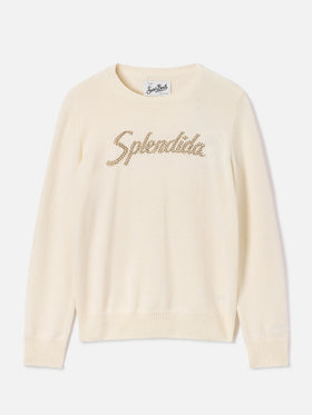 Off white New Queen crewneck knit with Splendida rhinestone embroidery