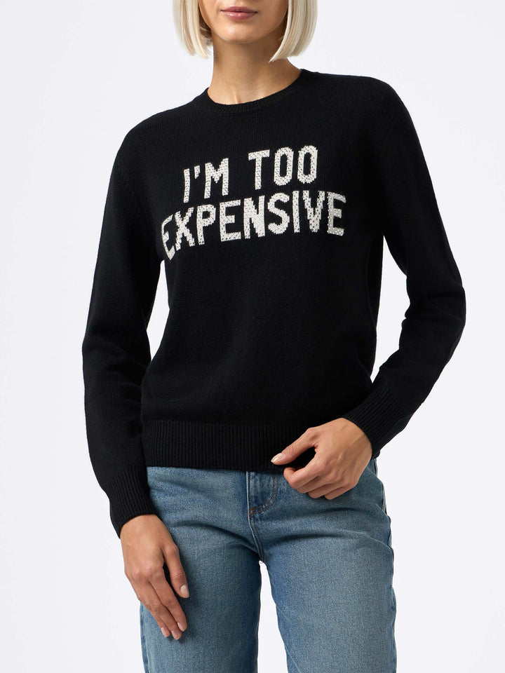 Woman black sweater New Queen with I'm too expensive jacquard with rhinestones - MC2 Saint Barth