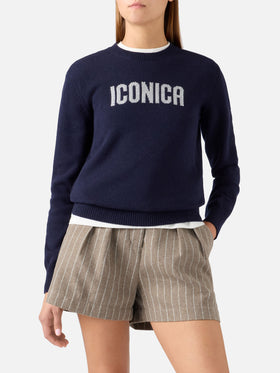 Pull en maille à col rond Navy blue New Queen avec broderie Iconica en strass 