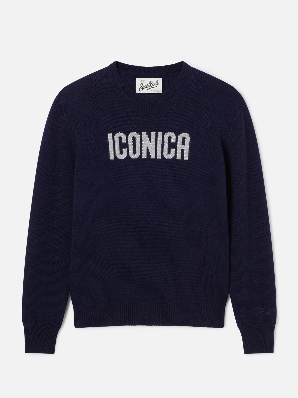 Pull en maille à col rond Navy blue New Queen avec broderie Iconica en strass 