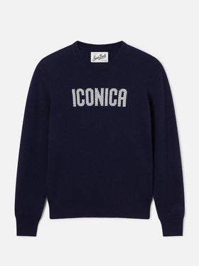 Pull en maille à col rond Navy blue New Queen avec broderie Iconica en strass 