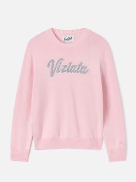 Pull col rond Pink New Queen avec broderie en strass Viziata 
