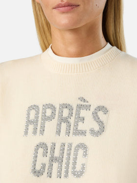 Pull en maille col rond New Queen blanc cassé avec broderie en strass Après Chic 
