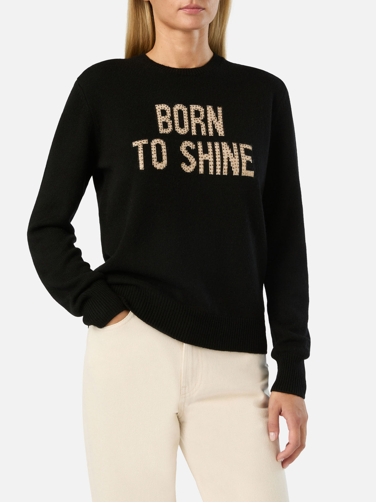 Pull en maille ras-du-cou Black New Queen avec broderie Born To Shine en strass 