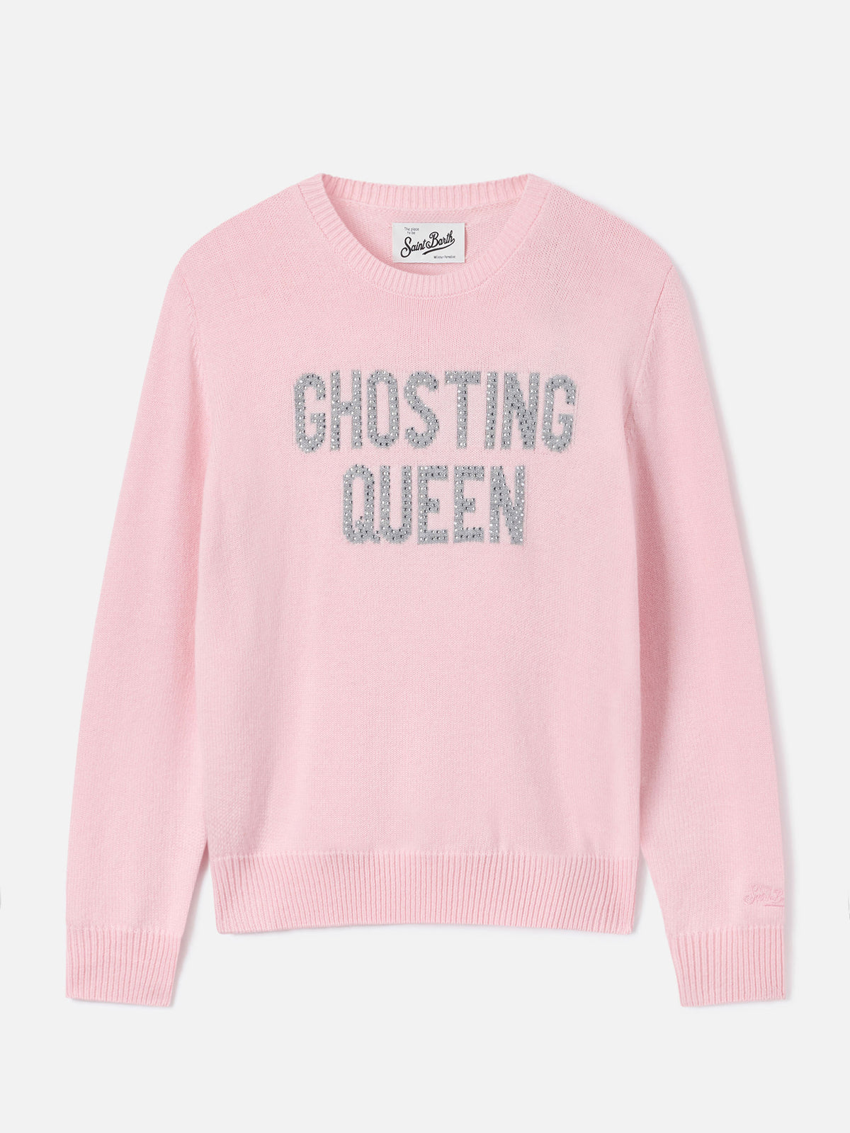 Pull rose New Queen à col rond en maille avec broderie en strass Ghosting Queen 