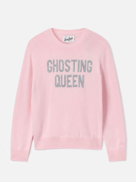 Pink New Queen crewneck knit with Ghosting Queen rhinestone embroidery