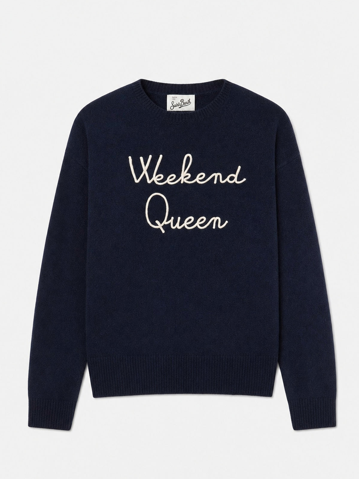New Queen Pullover aus Kaschmirmischung in Blau mit Weekend Queen-Stickerei 