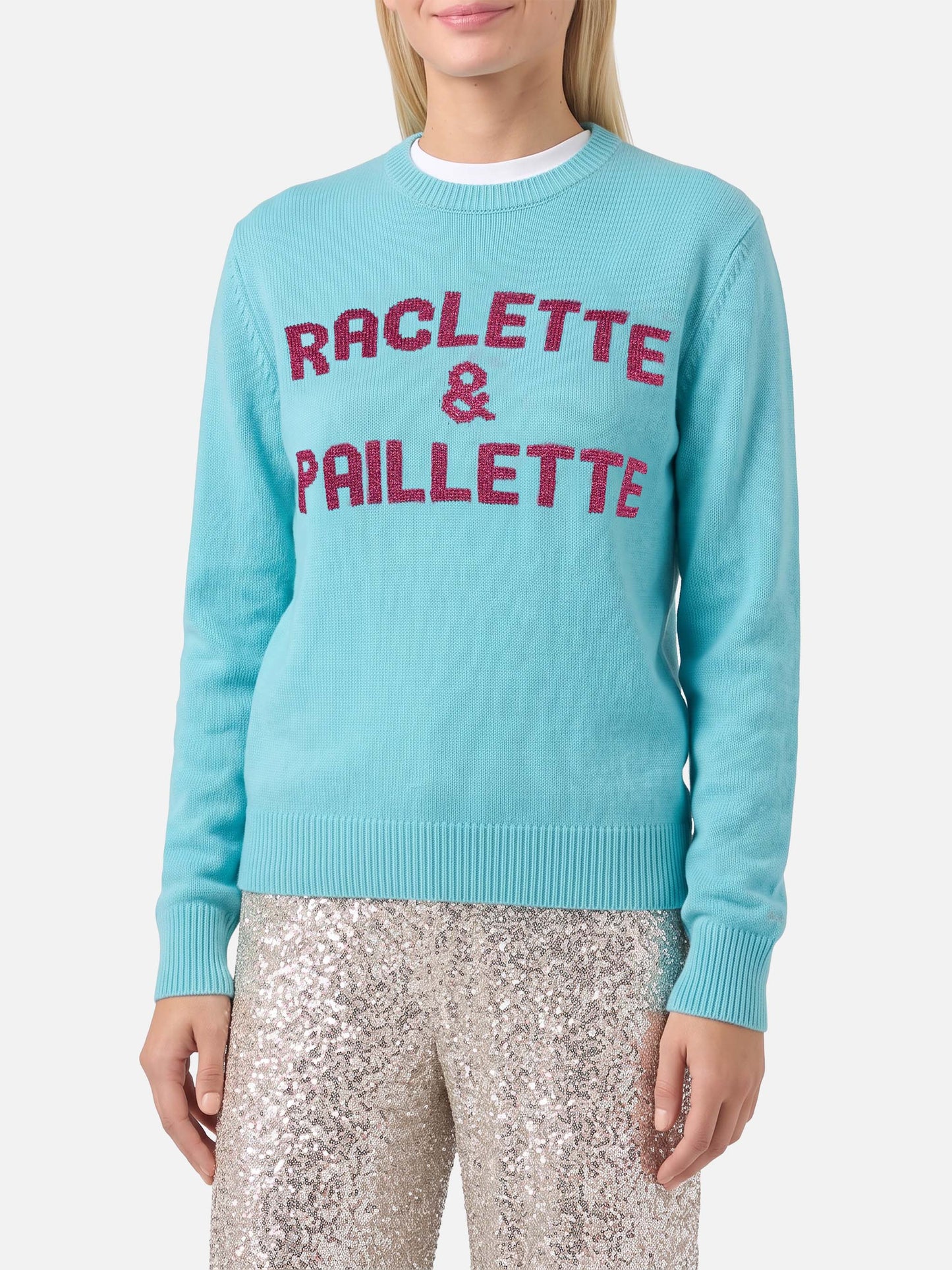 Suéter verde agua New Queen con lettering Raclette & Paillettes de lentejuelas 