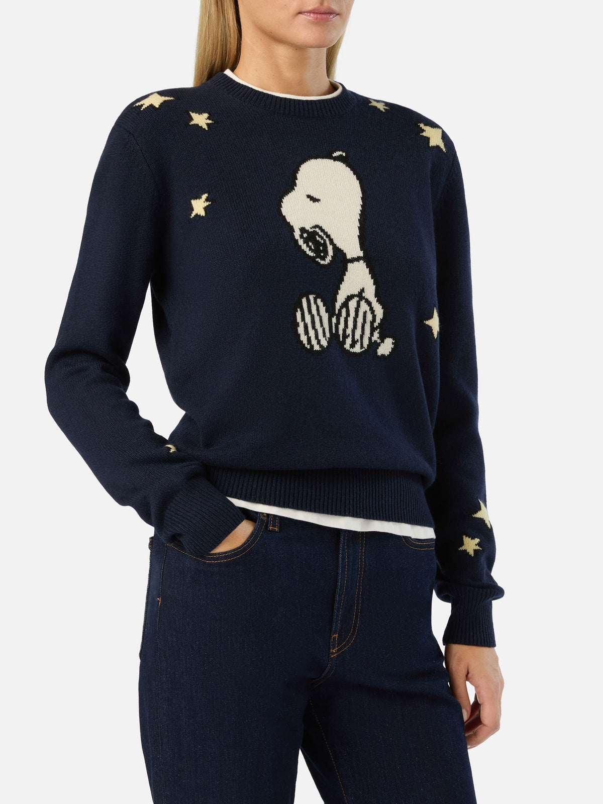 Marineblauer blue New Queen Strickpullover mit Rundhalsausschnitt und Snoopy-Intarsie | Special edition 