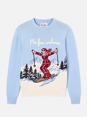 Light blue New Queen crewneck knit with Mi Fai Volare embroidery