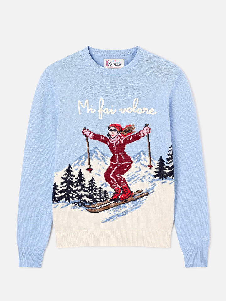 Pull en maille à col rond Light blue New Queen avec broderie Mi Fai Volare 