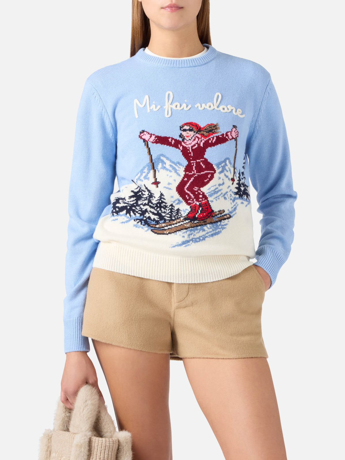 Light blue New Queen crewneck knit with Mi Fai Volare embroidery