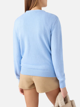 Light blue New Queen crewneck knit with Mi Fai Volare embroidery
