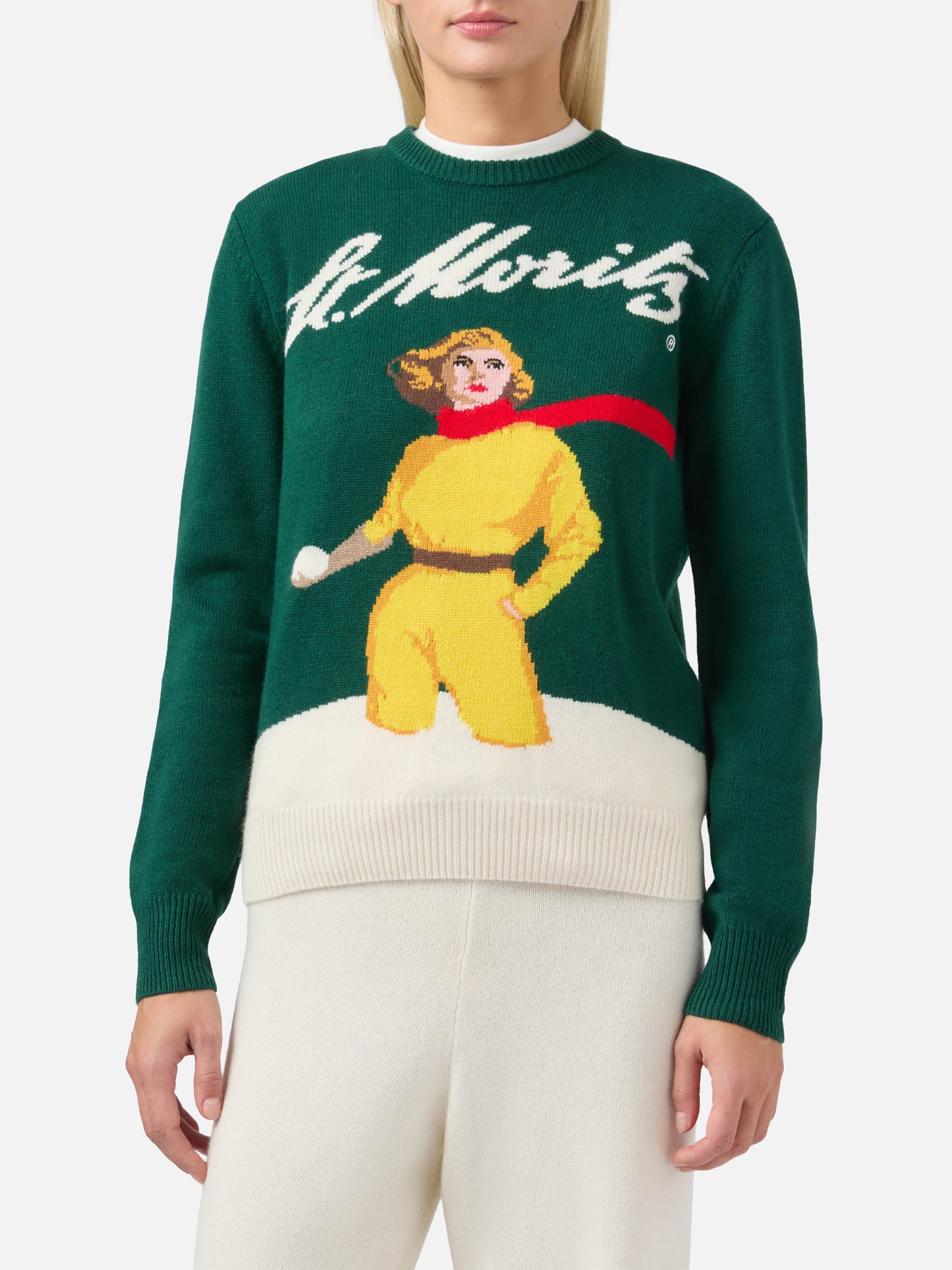 Maglione New Queen in misto cashmere verde con jacquard cartolina St. Moritz | ST. MORITZ SPECIAL EDITION