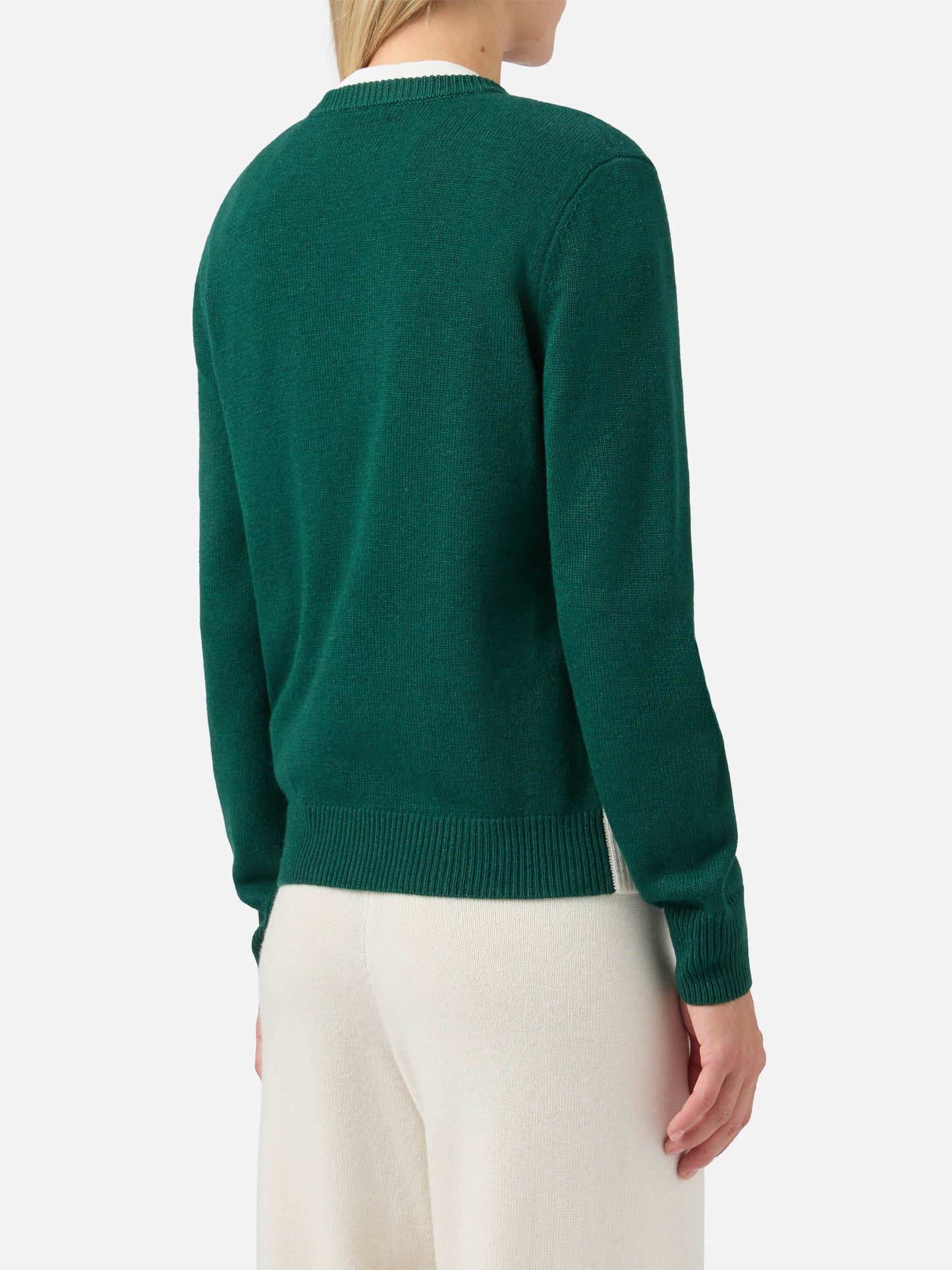 Maglione New Queen in misto cashmere verde con jacquard cartolina St. Moritz | ST. MORITZ SPECIAL EDITION