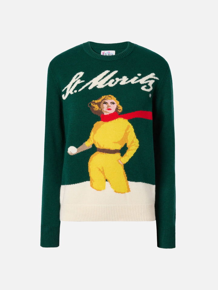Maglione New Queen in misto cashmere verde con jacquard cartolina St. Moritz | ST. MORITZ SPECIAL EDITION