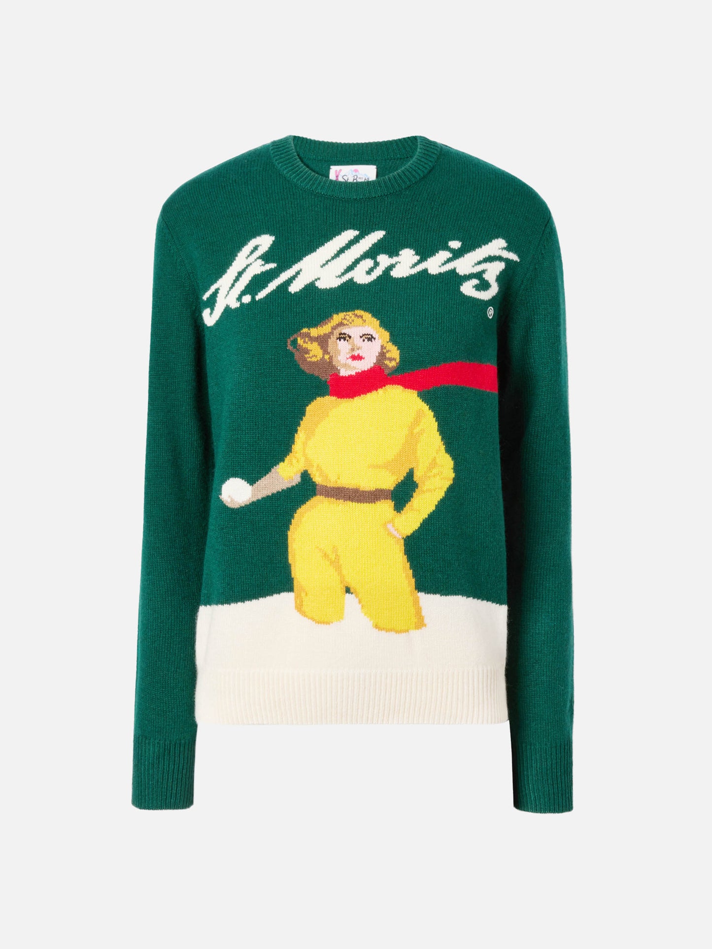 Maglione New Queen in misto cashmere verde con jacquard cartolina St. Moritz | ST. MORITZ SPECIAL EDITION