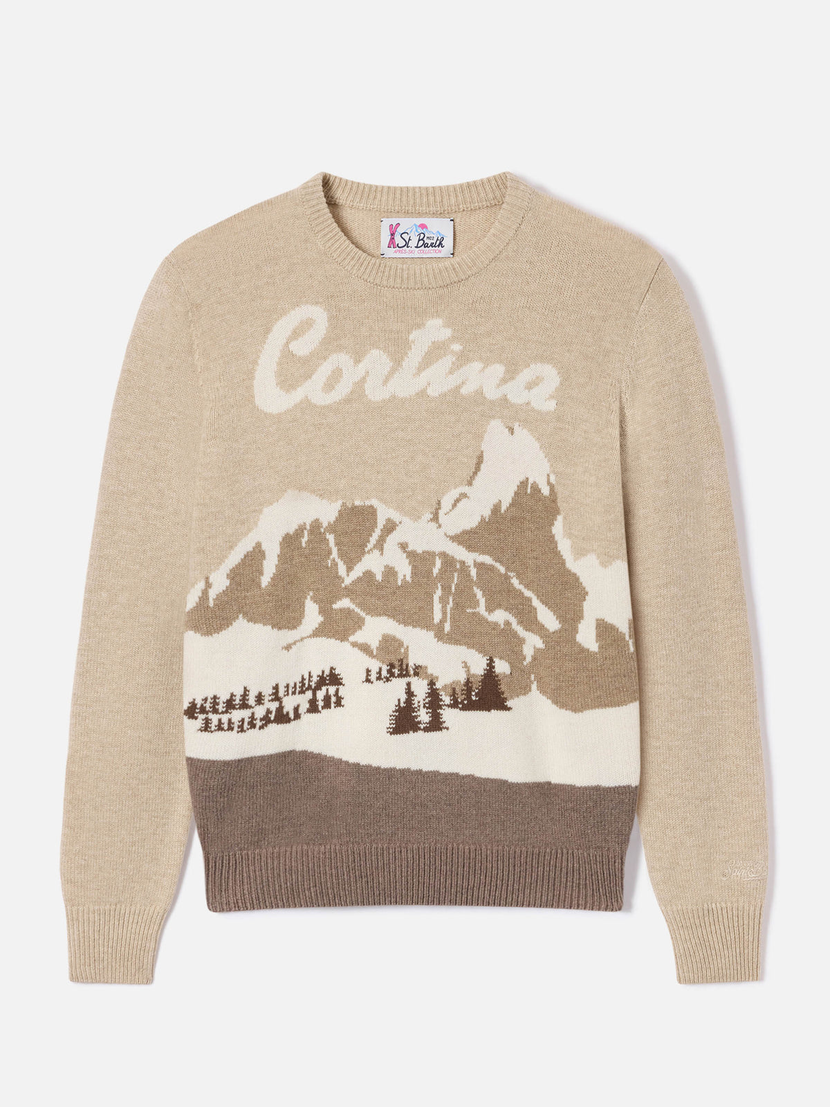 Pull ras-du-cou New Queen beige en maille avec intarsia Cortina 