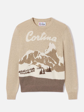 Pull ras-du-cou New Queen beige en maille avec intarsia Cortina 