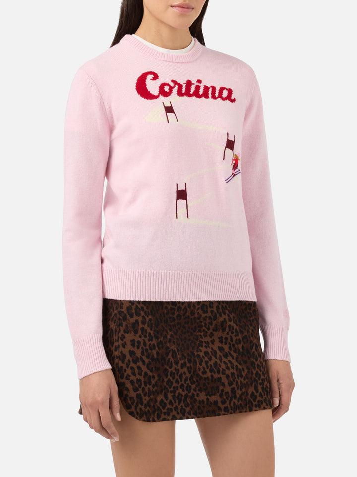 New Queen cashmere-blend sweater in pink with Cortina postcard jacquard