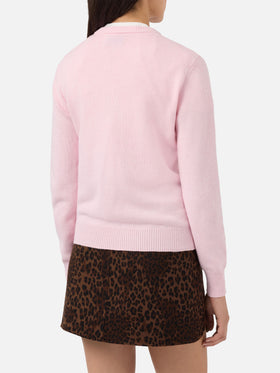 New Queen cashmere-blend sweater in pink with Cortina postcard jacquard