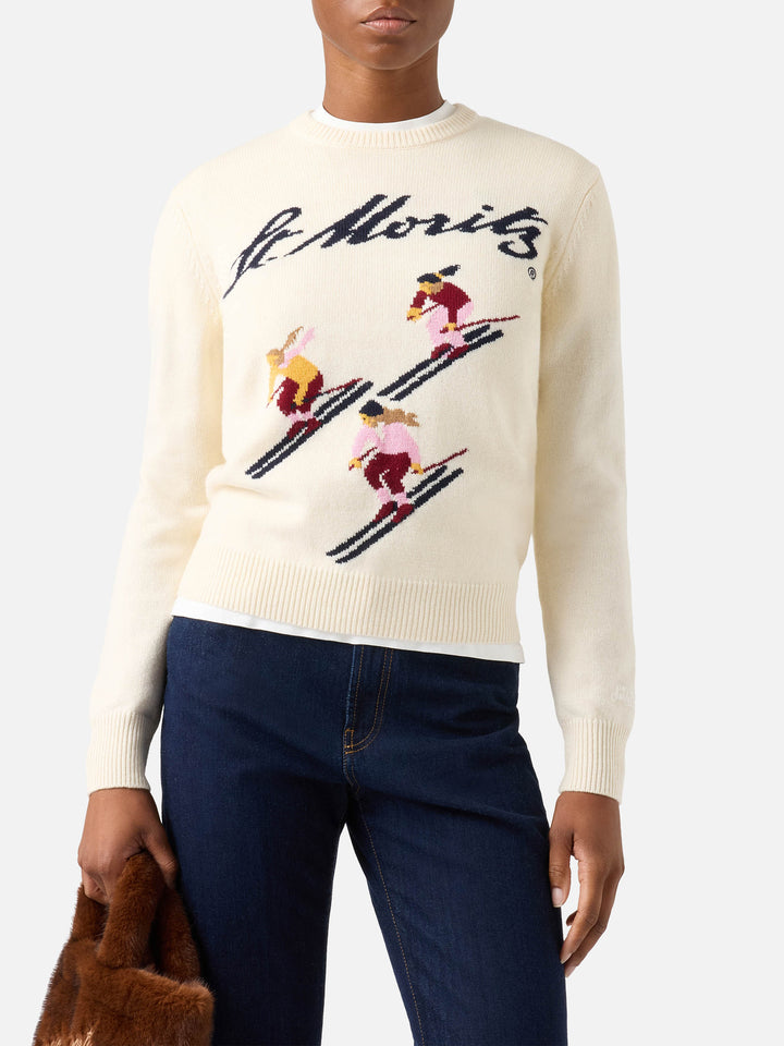 Maglia girocollo New Queen off white con intarsio St. Moritz | Special edition
