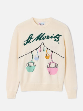 Off-whiteer New Queen Rundhals-Strickpullover mit St. Moritz Seilbahn-Intarsie | Special edition 