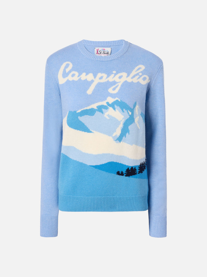 Maglione New Queen in misto cashmere azzurro con jacquard cartolina Campiglio