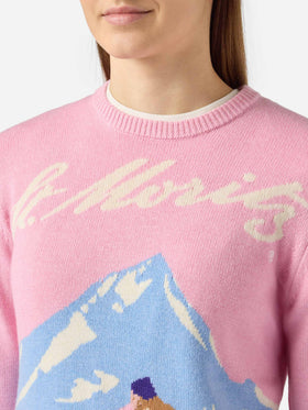 New Queen cashmere-blend sweater in pink with St. Moritz postcard jacquard | ST. MORITZ SPECIAL EDITION